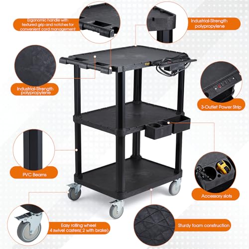 ELAFROS 3-Tier Heavy Duty AV Cart with Power Strip, 27.5 x 18.25 in | 330 lbs Capacity, Flat Top Shelves, Industrial Rolling Cart, Swivel Wheels, AV Equipment Stand, Work Cart, Organizer - style: With Power Strip