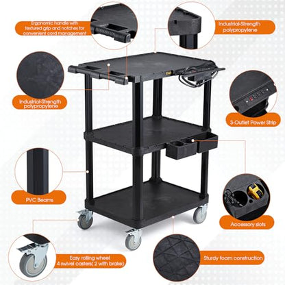 ELAFROS 3-Tier Heavy Duty AV Cart with Power Strip, 27.5 x 18.25 in | 330 lbs Capacity, Flat Top Shelves, Industrial Rolling Cart, Swivel Wheels, AV Equipment Stand, Work Cart, Organizer - style: With Power Strip