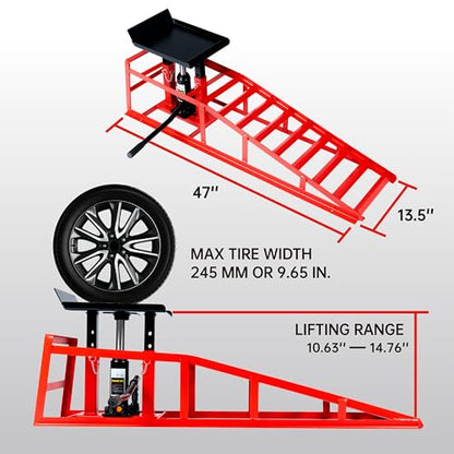 5 Ton (11000 lbs) Capacity Hydraulic Low Profile Car Ramps with Pin Lock, 10.6 to 14.7 Inch Lift Range, for Auto & Home Garage Maintenance, Oil Changes