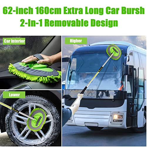 62" Car Wash Brush Mop Kit with Long Handle, 2 in 1 Chenille Microfiber Sponge Mitt Cleaning Detailing Duster for Washing Cars Truck SUV RV Caravans and Household(2 x Mop Head) - color: Green