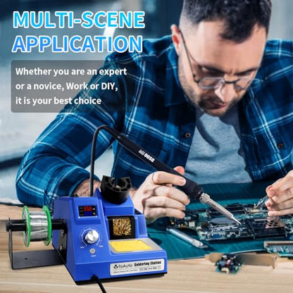 TOAUTO DS90 Soldering Station-°F & °C Dual Digital Display Soldering Iron Station Kit,90W Soldering Iron,302℉- 842℉ Temperature, Anti-Static & Grounding Wire, Auto Standby & Sleep,5 Solder Tips, Blue