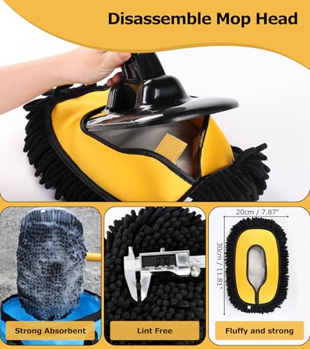 anngrowy 47.64" Car Wash Brush Mop Kit Mitt Sponge with Long Handle Car Cleaning Supplies Kit Tools Car Washing Duster Exterior Scratch Free, Chenille Replacement Head Extension Pole - color: Black 2