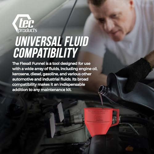 TEC Products FlexAll Long Flexible Funnels - Automotive Oil Funnel with Hose, Durable Nitrile Rubber for Oil Change, Transmission Funnel Fluid, Diesel, Fuel, Gas - Made in USA - Red (12 x 4 Inches) - color: Red, size: Small