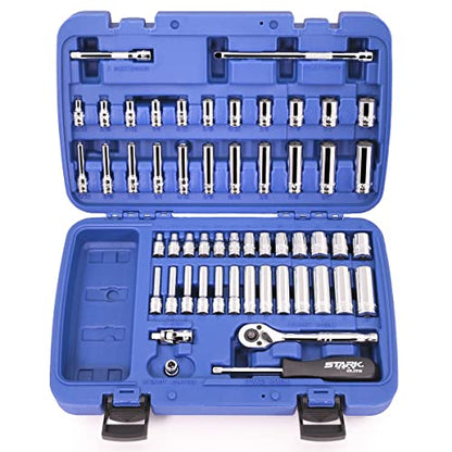 Stark USA 55-Pieces 1/4" Socket Set, Drive Socket Wrench Set, 1/4-inch Quick-Release Ratchets 90-Tooth Pear Head Ratchet SAE (5/32-9/16) MM (4-14) - style: 55pcs SAE/Metric Impact Socket Set