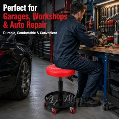 PowerSmart 330 LBS Capacity Roller Seat with Wheels, 360° Rolling Mechanic Stool, 18"-23" Adjustable Height, Tool Tray & Padded Seat for Garage, Workshop & Automotive Repair