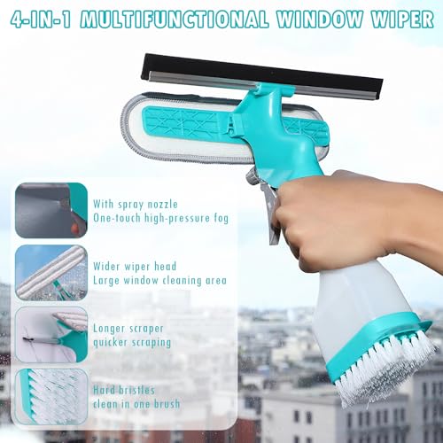 4 in 1 Window Cleaner Tool with Squeegee & Sprayer, 10" Streak-Free Scraper Kit with Microfiber Washer Head, Portable Multifunction Refillable Bottle for Glass/Shower/Car