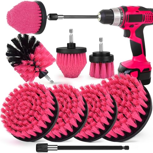 8 Pack Drill Brush Attachment Set, 1/4in Power Scrubber Brush + Extend Long Rod, Multi-Purpose Power Cleaning Scrub Brush for Bathroom, Tub, Tile, Corner, Floor(Hot Pink) - color: Hot Pink