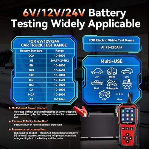 KONNWEI KW341 6V 12V 24V Battery Tester for Car Truck Motorcycle | Automotive Load tester, Cranking & charging test, CCA 10-2000, Supports lead-acid/AGM/GEL/EFB/Lithium, In/out-vehicle modes