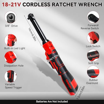 3/8" Extended Cordless Ratchet Wrench Compatible with Milw-aukee 18V Batteries, 320 RPM, 80 N.m Electric Power Ratchet Wrench,Built-in LED Light, Extended 6-inch Long Neck