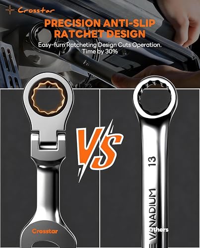Crosstar 12-Piece Metric Stubby Flex-Head Ratcheting Combination Wrench Set with Rolling Pouch – 8-19mm, 90-Tooth, CR-V Steel, Compact Design for Tight Spaces