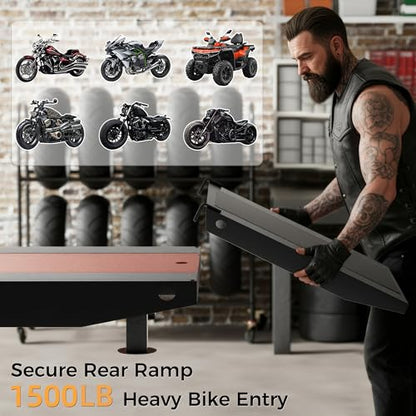 1500 LB Motorcycle Lift Table, Heavy Duty Air/Hydraulic ATV Lift with Side Extensions, 48" W x 33.5" H, User-Friendly Installation Design with Motorcycle Jack, Fits Harley/Indian/Custom - size: 48in