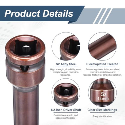HARFINGTON 2pcs Impact Hex Bit Socket 1/2" Drive 14H (14mm) Hex Bits 6" Length S2 Steel Metric Impact Wrench Socket Adapter Tool for Automotive Repair Industrial Construction and Home DIY - size: H14 x 1/2" x 6"