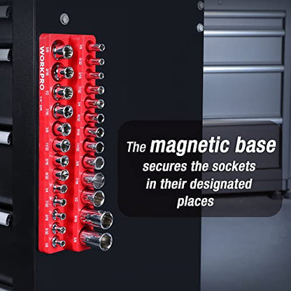 WORKPRO Magnetic Socket Organizer, 1/4-Inch SAE Socket Holder | Hold 26-Piece Sockets, Suitable for Standard and Deep Sockets, Magnetic Base, No Scratches Installation, Socket Not Included - size: 1/4" DR - SAE