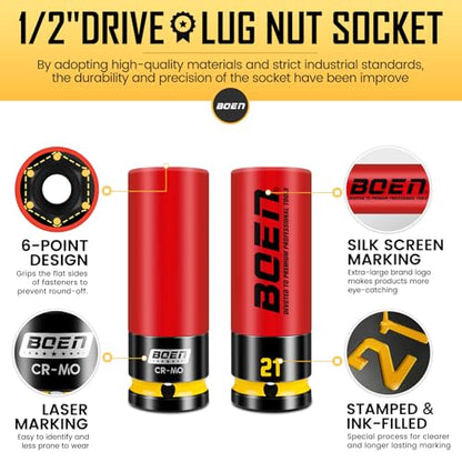 BOEN 21mm 1/2" Drive Wheel Protector Impact Socket, Non-Marring Thin Wall Wheel Protector Nut Socket, Color-Coded, Embossed and Painted Marking, CR-MO Steel - style: 21MM