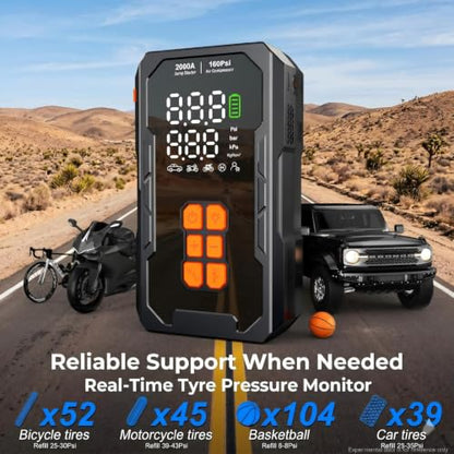 Jump Starter with Air Compressor 160PSI, 12V Car Battery Jumper Starter Portable (8.0L Gas/6.0L Diesel), Car Battery Charger Jump Box Cables with Auto-Shutoff Tire Inflator and LED Light, Black