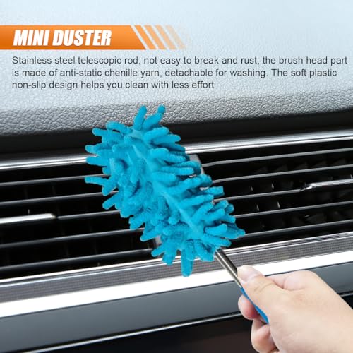 6PCS Microfiber Duster for Cleaning, Washable Chenille Hand Dusters with Extendable Telescoping Pole, Mini Car Interior Dusting Brush Tool for Auto Dash, Home, Office, Blinds(Blue) - color: Blue