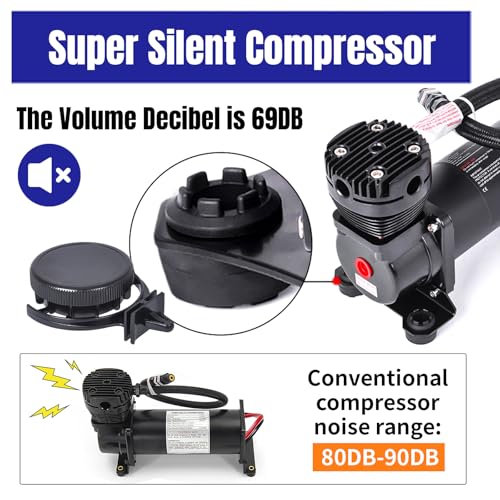 Ultra Quiet Air Compressor. 300PSI 1/4 NPT Super Silent 69DB Truck/Car Train Horn/Suspension/Ride/Bag kit/System and All 12v Vehicles like Semi/Pickup Trucks Black - color: Black 1/4