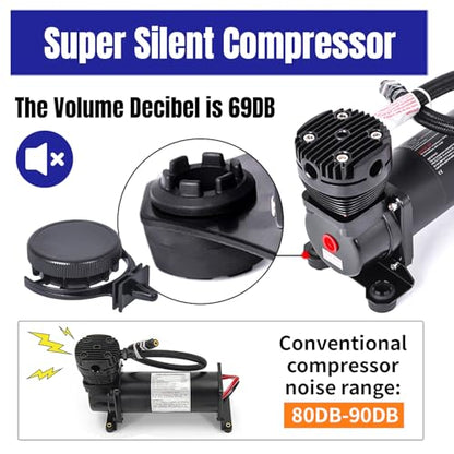 Ultra Quiet Air Compressor. 300PSI 1/4 NPT Super Silent 69DB Truck/Car Train Horn/Suspension/Ride/Bag kit/System and All 12v Vehicles like Semi/Pickup Trucks Black - color: Black 1/4