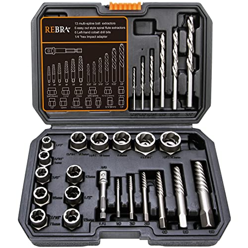 REBRA Screw Extractor and Left-Hand Drill Bit Set, Easy Out Broken Bolt Remover Reverse Cobalt HSS Steel Drill Kit, Ez Out Stripped, Rounded-Off, Damaged Bolts, Screws&Studs Removal Tool (26-Pieces) - style: 26-Pieces