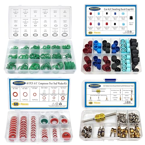 4 Set Car A/C Compressor Gasket Seals and Dust Cap, O-Ring Kit, Valve Core Kit with Remover Tool, R12 R134a Refrigeration Tire Valve Stem Cores, Car Air Conditioning Compressor Seals O-Ring (Red) - color: Red