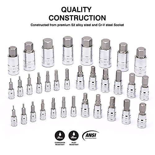 CASOMAN 33 Piece Master Hex Bit Socket Set, S2 Steel, SAE And Metric, Allen Socket Bit, 5/64-inch to 3/4-inch, 2mm to 19mm Socket Tool Kit