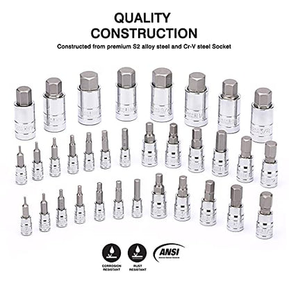 CASOMAN 33 Piece Master Hex Bit Socket Set, S2 Steel, SAE And Metric, Allen Socket Bit, 5/64-inch to 3/4-inch, 2mm to 19mm Socket Tool Kit