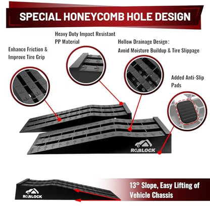 ROBLOCK Heavy Duty Car Ramps for Oil Changes and Jack Support, Portable Low Profile Car Ramps for High Lift, Vehicle Ramps for Garage, 31.5''x8.1''x4.9'', G.V.W 10000 LBS, 2 Packs