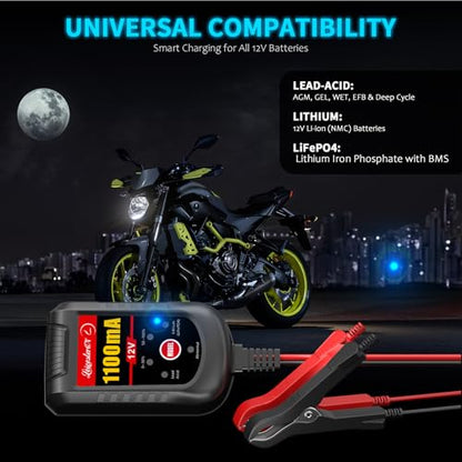 Motorcycle Battery Charger and Maintainer 12V, 1.1Amp Smart Trickle Charger - Automatic Float Charger for Cruiser Sport Bike ATV Scooter Dirt Bike Lawn Mower, LiFePO4 Lithium Lead Acid AGM Gel - color: 12V 1.1Amp
