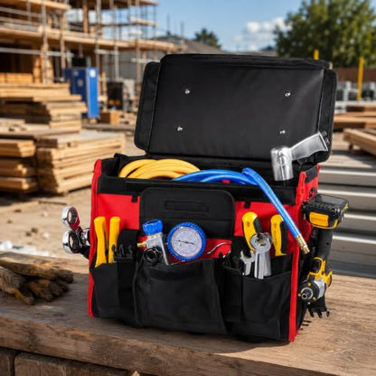 XtremepowerUS Rolling Tool Bag Wheels, 18-Inch Heavy Duty Tool Bag Organizer, Retractable Telescoping Handle, Durable Multi-Pocket Tool Tote Construction, Electrical, Plumbing, HVAC & Mechanic Tools
