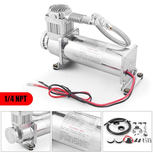 200PSI Air Ride Suspension Compressor with 1/4 NPT Hose Kit,Heavy Duty 12V 480C Air Compressor Pump for Train Horn & Air Bag Suspension, Chrome Silver Fit for Truck & Car