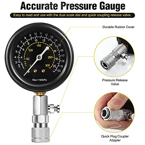 9 Pieces Automotive Compression Tester Kit and Spark Plug Tester, Universal Car and Motorcycle Engine Testing Tools for Cylinder Pressure Gauge (Black) - color: Black