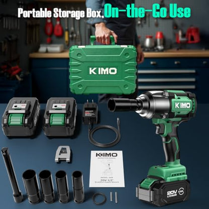 KIMO Impact Wrench 1/2 Inch, 890Ft-Lbs(1200N.m), 4000RPM/2900IPM Brushless Motor High Torque Impact Driver w/Battery, 3 Modes, Variable Speeds, LED Light, Cordless Impact Gun for Car/Truck, 2x4.0Ah - size: 2x4.0Ah