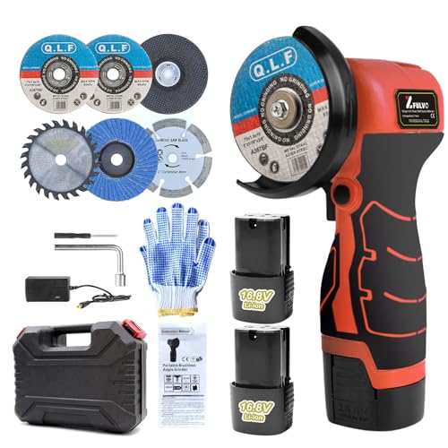 ZFULVO Cordless Brush Angle Grinder Kit, 19500rpm Mini Electric Angle Grinding Tool with 2pcs 16.8V 2000mAh Batteries and 6-Cutting Discs, Grinder Handheld Cutter for Metal Wood - color: Red