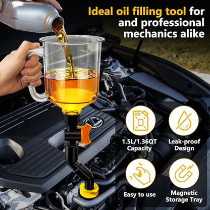 18 Pack No Spill Engine Oil Funnel Kit，1.59QT/1.5L Automotive Oil Funnel Set， 2 Magnetic Adapter Organizer Boards 12 Adapters Compatible with GM, Ford, BMW, Audi, Land Rover Etc