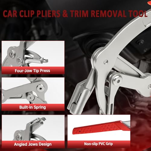 Car Clip Pliers, Spring-Loaded Auto Fastener Remover, Four-Point Support 17-4 Stainless Steel Damage-Free Door Panel & Interior Exterior Trim Removal Tool for Plastic Fasteners