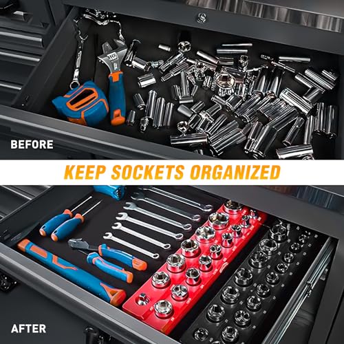 GOOACC 1/2" Magnetic Socket Organizer Set, 2 Pieces Metric & SAE Socket Drive Holders, 1/2 inch Drive Socket Organizer Trays Holds 35 Standard Sockets for Tool Box - size: 2PCS 1/2" SAE & Metric Red Black