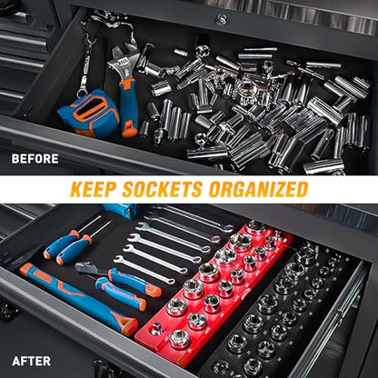 GOOACC 1/2" Magnetic Socket Organizer Set, 2 Pieces Metric & SAE Socket Drive Holders, 1/2 inch Drive Socket Organizer Trays Holds 35 Standard Sockets for Tool Box - size: 2PCS 1/2" SAE & Metric Red Black