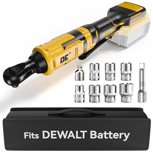 1/2 Inch Cordless Ratchet Wrench, for DEWALT 20V Max Battery, 88Ft-Lbs, 0-400RPM, Electric Wrench Ratchet with Variable Speed Trigger, Reinforced Head, R&F Switch, 7 Sockets, 1/2" to 3/8" Adapter - color: Deep Black/Yellow