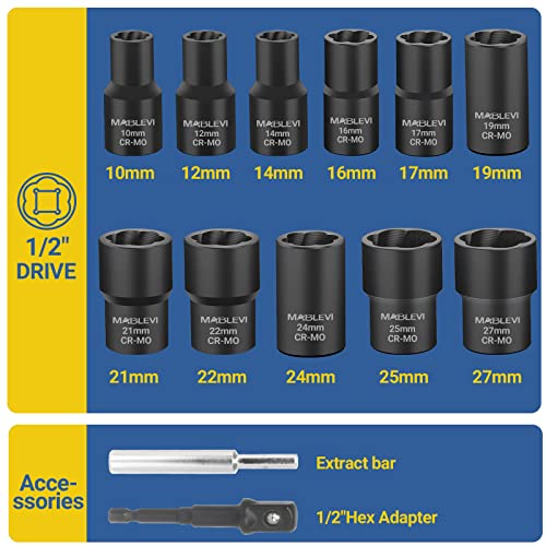 MABLEVI 13 PCS Bolt Extractor Set, 1/2" Drive Impact Lug Nut Remover Socket Tool with Center Punch Bar for Damaged, Frozen, Studs, Rusted, Rounded-Off Bolts & Screws - size: 13-piece