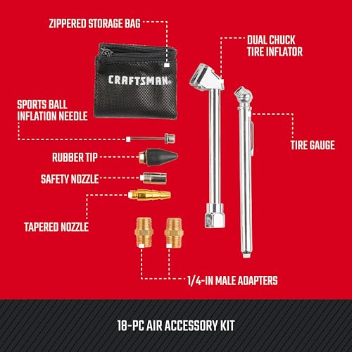 CRAFTSMAN 18-Piece Air Compressor Accessory Kit, Includes Blow Gun, Tire Inflator, Brass Fittings, and Storage Bag