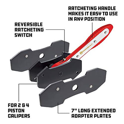 Powerbuilt Ratcheting Caliper Piston Tool Set, Brake Caliper Press, Size Range:1-1/2” to 2-5/8”, Includes 2 Sets of Push Plates - 647861