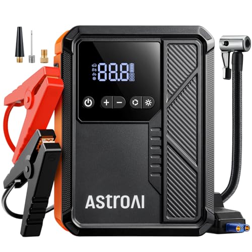 AstroAI Beta822 3000A Jump Starter with Air Compressor, 150PSI Portable Tire Inflator with Auto-Shutoff, 12V Car Battery Booster (9.0 Gas/7.0L Diesel) with LED Light and Jumper Cables, Black - color: 3000A-Black