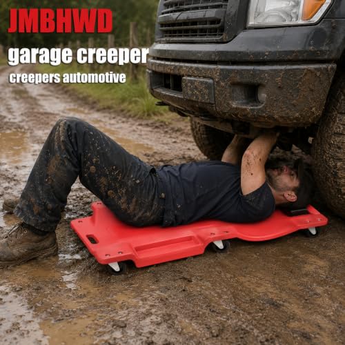 40 Inch Mechanic Creeper, Creepers Automotive Blow Molded Low Profile Under Car Rolling Garage Creeper Shop with Padded Headrest, Dual Tool Trays, 350lbs, Red