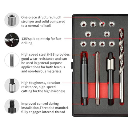 M5X0.8X7.6MM Thread Repair Kit with Insert HSS Drill, Tap, Counterbore, Installation Driver, Metric, 10PCS Stainless Steel Insert M5X0.8X7.6MM