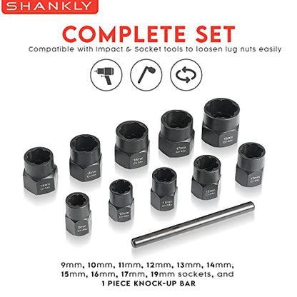 Twist Socket Set (11 Piece) Includes 1/2” Inch Lug Nut Remover With a 10mm, 11mm, 12mm, 13mm, 14mm, 15mm, 16mm, 17mm Socket Sizes Professional-Grade Lug Nut Extractor or Wheel Lock Removal