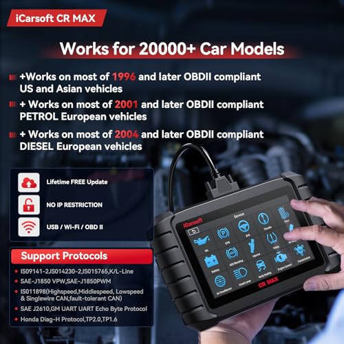 iCarsoft Bidirectional Scan Tool CR Max OBD2 Diagnostic Scanner for Most Vehicles Full System 50 Resets All Active Tests ECU Coding Battery Registration Lifetime Free Updates CAN FD Supported - size: 7'' Large