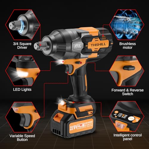 This Hill 3/4" Cordless Impact Wrench 1328 ft-lb, 21V Brushless lmpact Gun | 1800Nm, High Torque Power Impact Driver for Agricultural Machinery Truck, 2 x 4.0Ah Battery, 3-Speed Modes, Auto-Stop Reverse