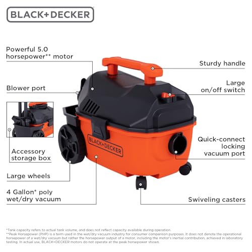 BLACK+DECKER Shop Vacuum Wet and Dry, 4 Gallon 5.0 Peak HP Wet/Dry Vacuum, Quiet Operation with Muffler, Long Reach Cleaning Range & On-Board Storage, Complete Accessory Set, BDXV18905P-4 - size: 4 Gallon 5 HP