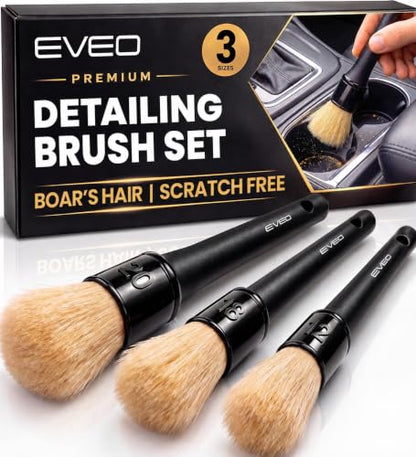 EVEO Car Detailing Brush Set - (3 Pack) Car Detailing Kit Interior, Car Interior Detailing Kit Car Detailing Brushes - Car Cleaning Brush, Car Detailing Brushes, Car Detailing Tools | Soft Boars Hair