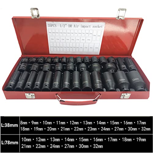 35pcs 1/2" Drive Deep Impact Socket Set Axle Hub Nut 6-Point Metric 8-32mm CR-V Steel Heavy Duty Sockets Tool Set for Vehicle Repair Maintainance - style: 08175#